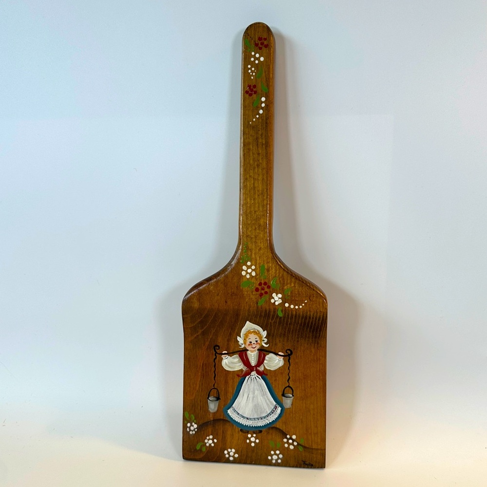 VTG‎ Hand Painted Dutch Girl with Pails Wooden Spatula Wall Folk Art Flowers